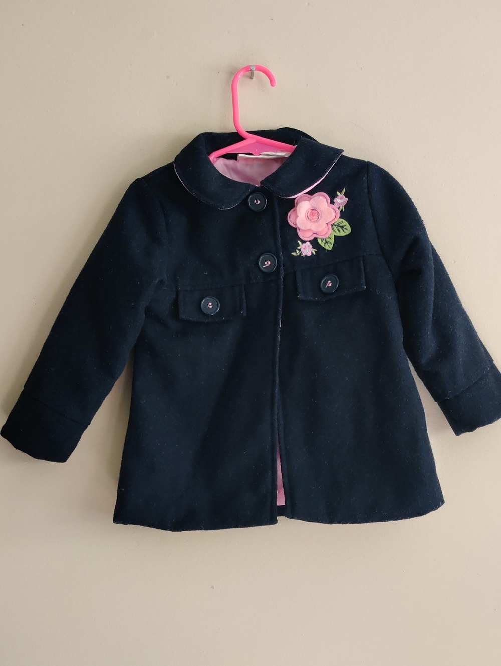 Little Girls' Navy Pea Coat with Pink Floral Appliqué 24M